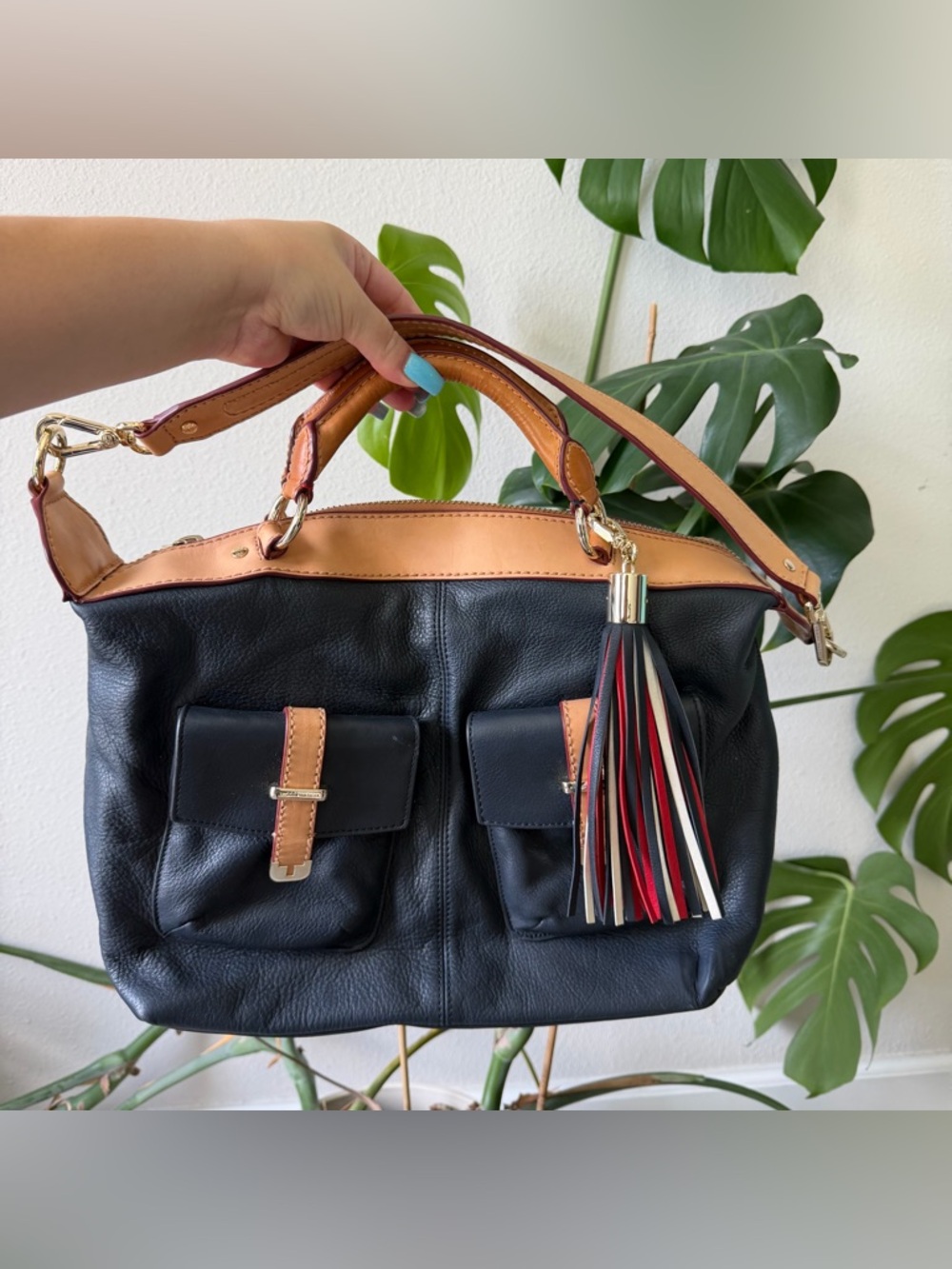 LTD ED 2014 Naomi Watts Tommy Hilfiger Leather Bag Navy Tan Tassel STUNNING
